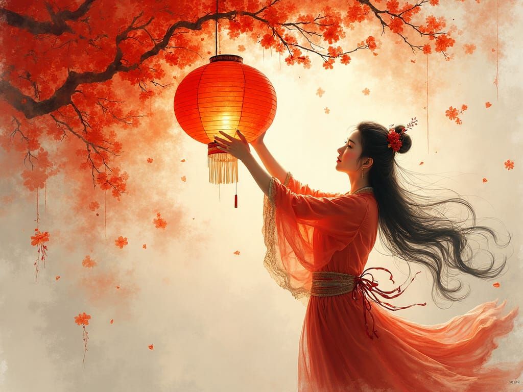 Vibrant Chinese Lantern Festival Scene in Dripping Ink Paint...