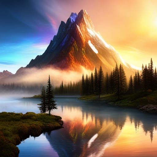 Rainbow Reflection on Mountain: Digital Esoteric Painting