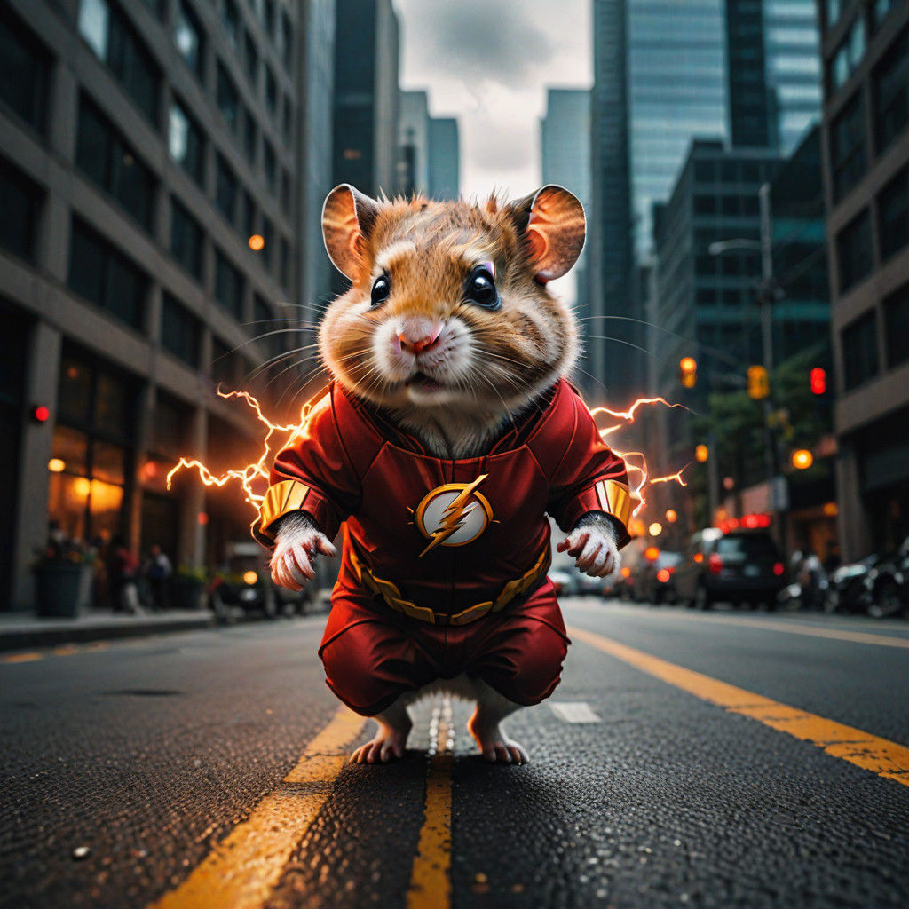 Surreal Hyperrealistic Hamster as Speedster in Futuristic Ci...