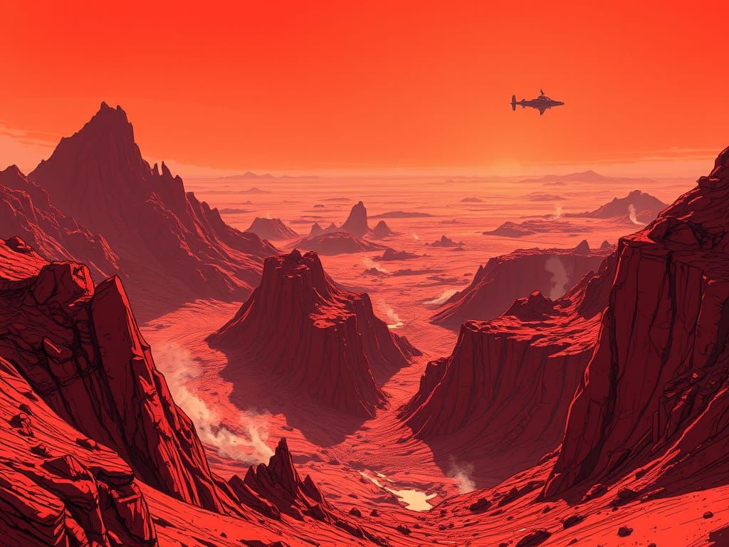Crimson Cliffs of an Alien World in Sci-Fi Art