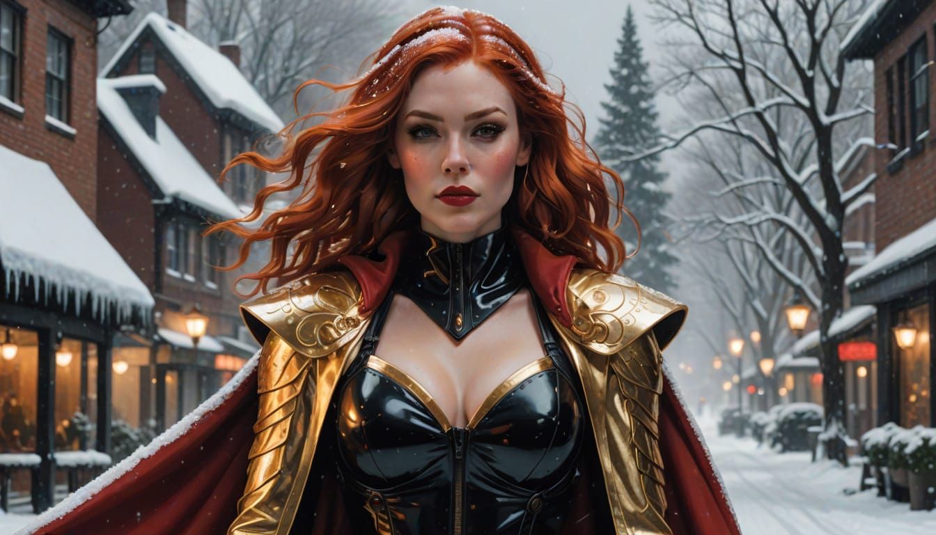 Sultry Redheaded Goddess in Gold Latex and Santa Hat