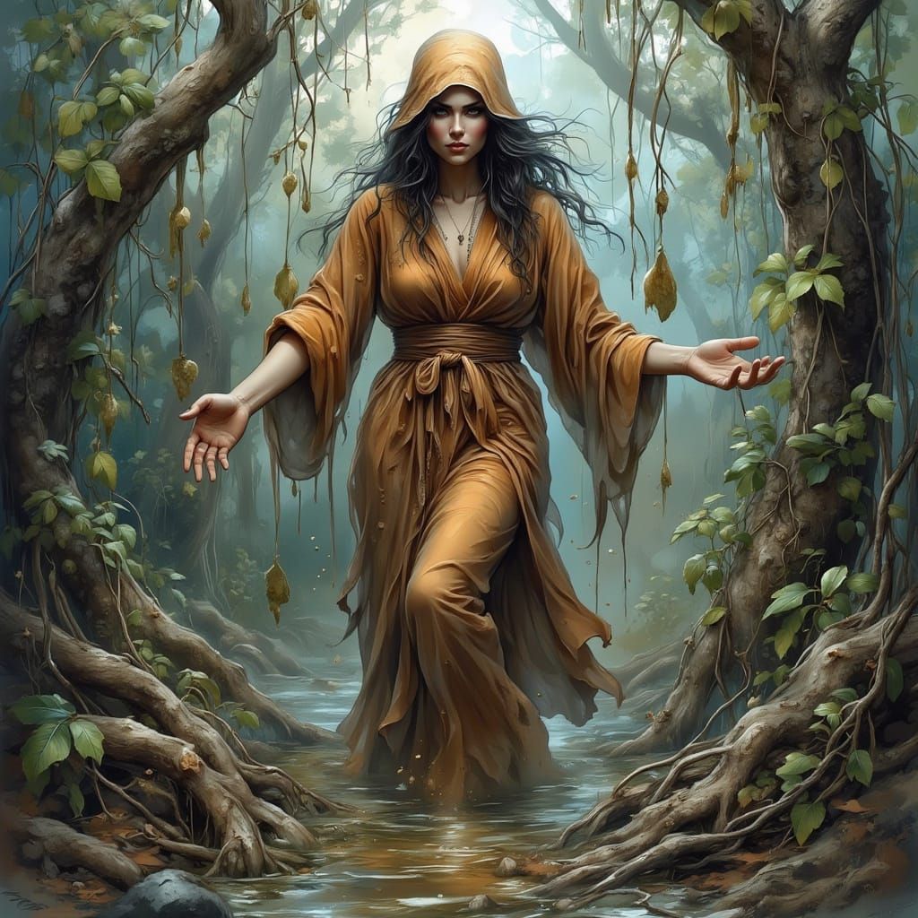 Swamp Witch Casting Curse as Impasto Painting