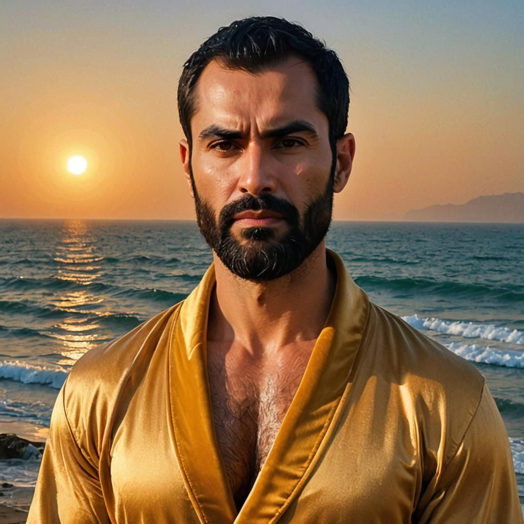 Angry Bearded Man in Golden Robe as Impasto Painting