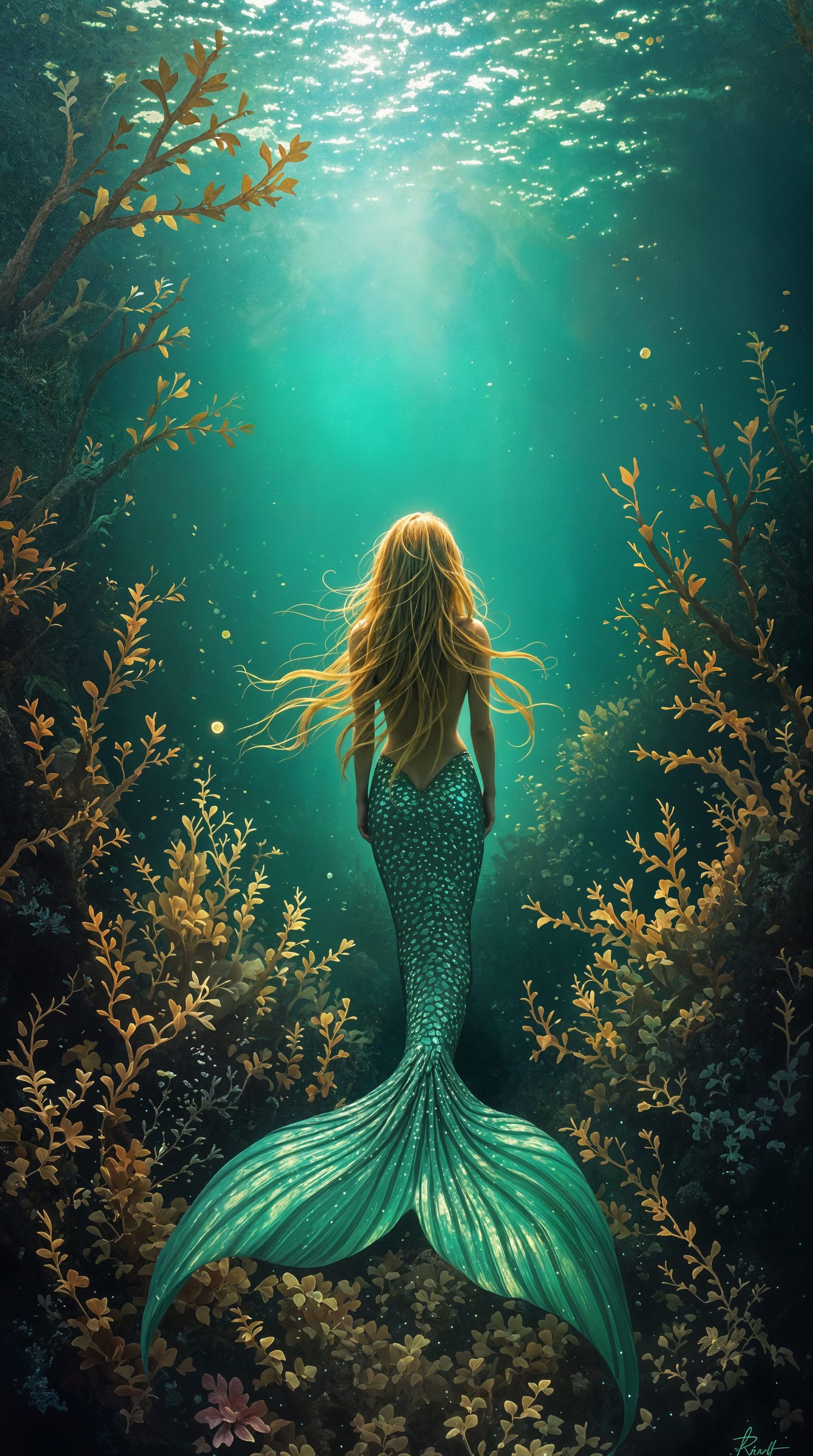 Ethereal Mermaid Amidst Bioluminescent Kelp Forest