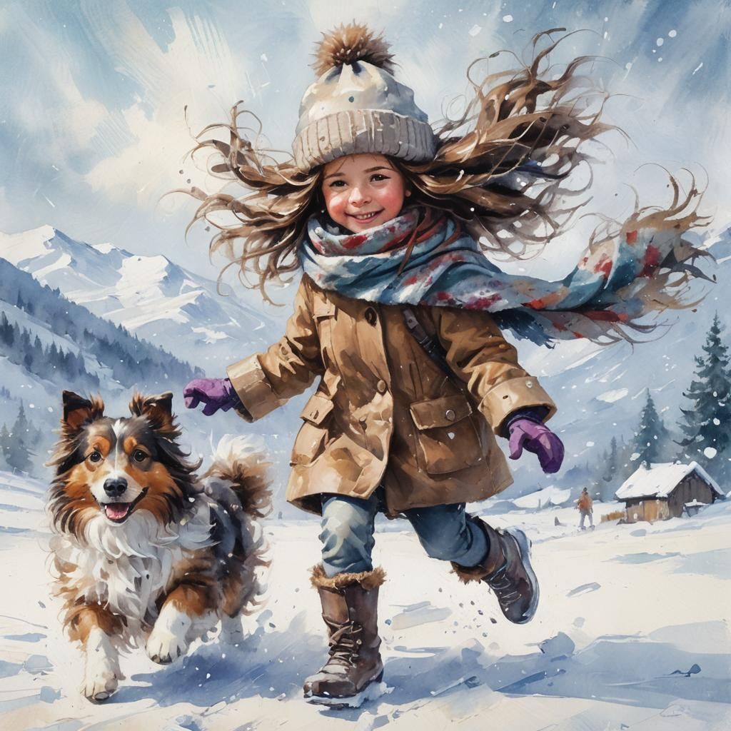 Whimsical Oil Painting: Girl and Dog in Snowy Mountains