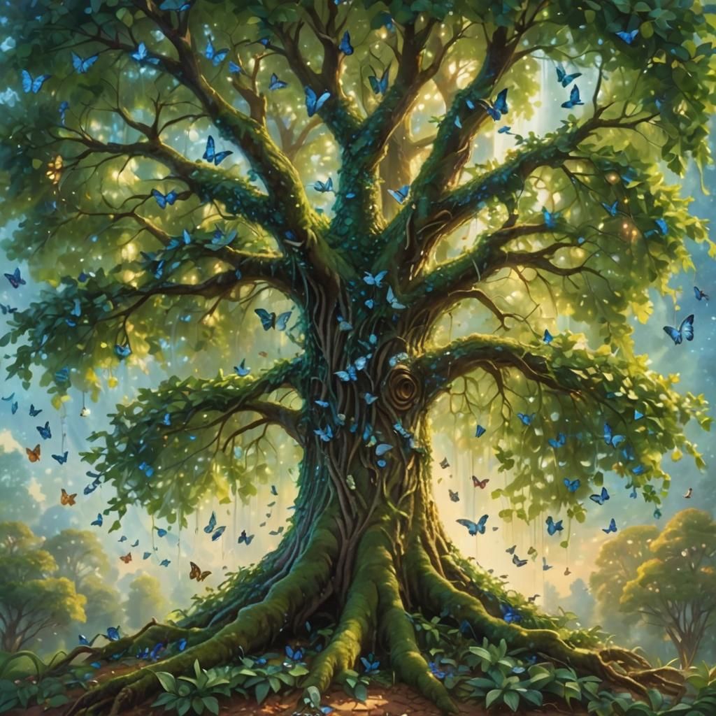Willow Tree with Butterflies in Kinkade Style