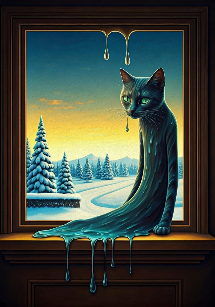 Whimsical Liquid Cat Emerges from the Window