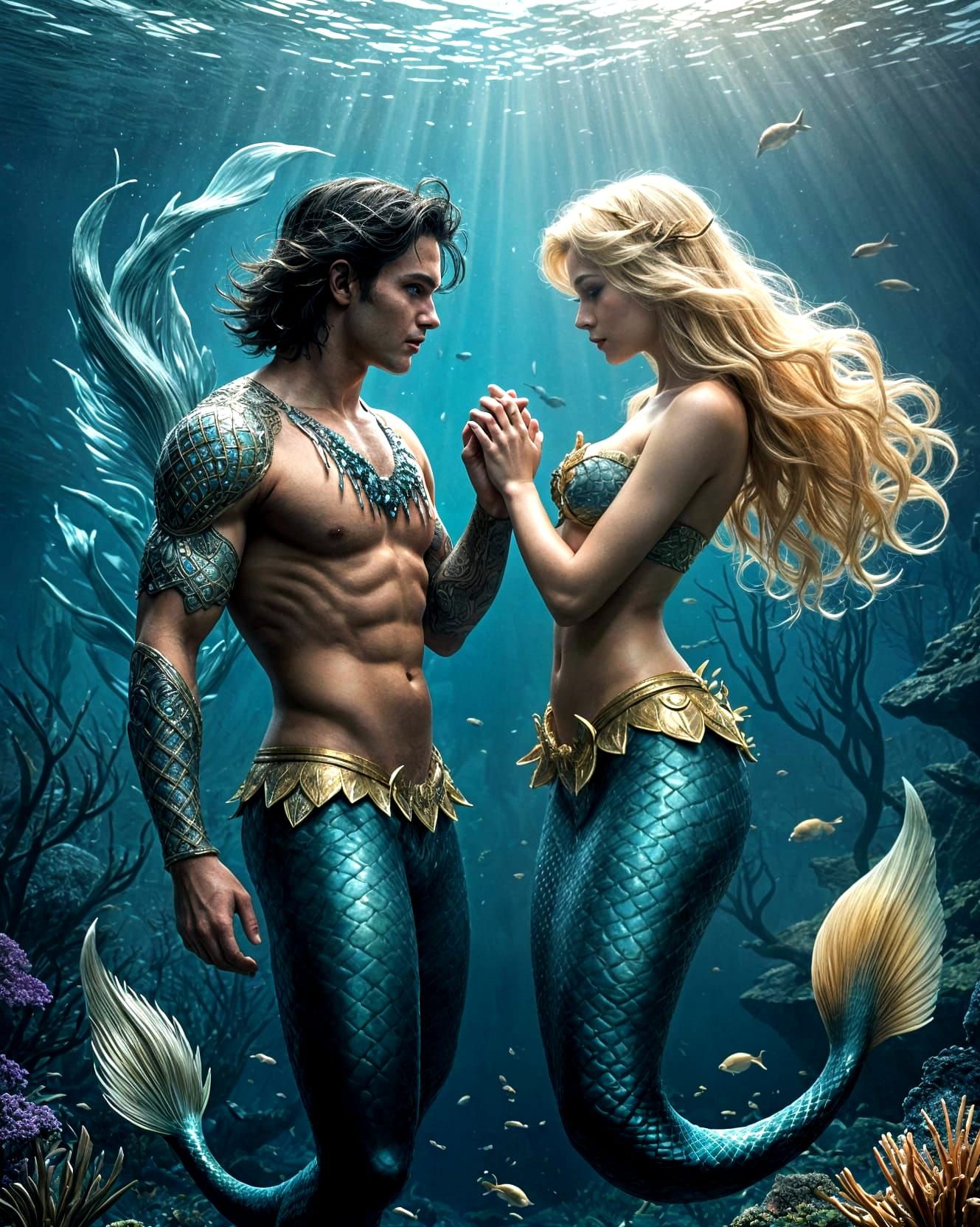 Epic Underwater Scene of Merman and Mermaid in Maximalist Di...