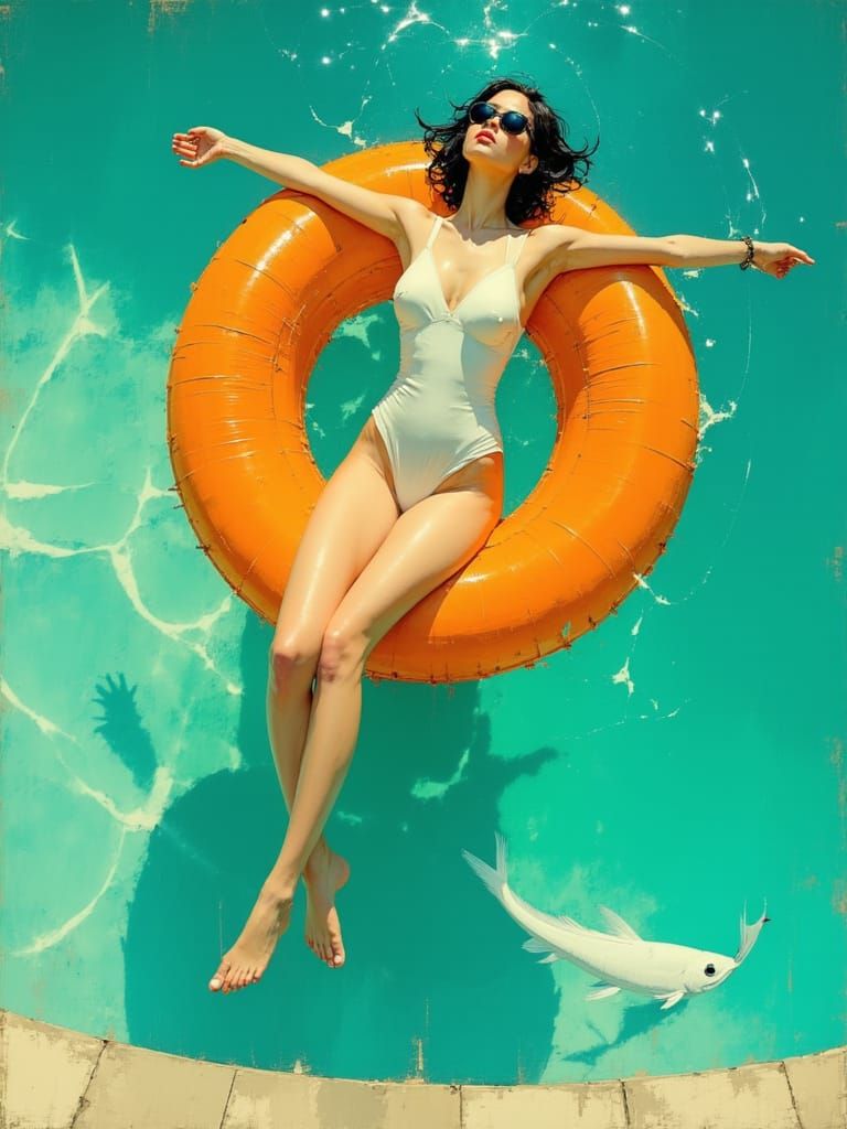 Serene Woman Floats on Vibrant Orange Inflatable Ring in Tur...