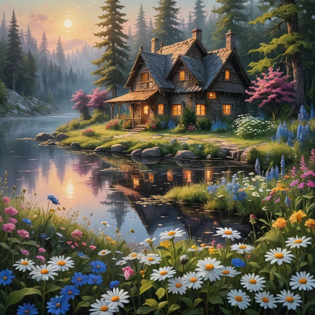 Lakeside House at Sunrise in Hyperrealistic Oil Painting