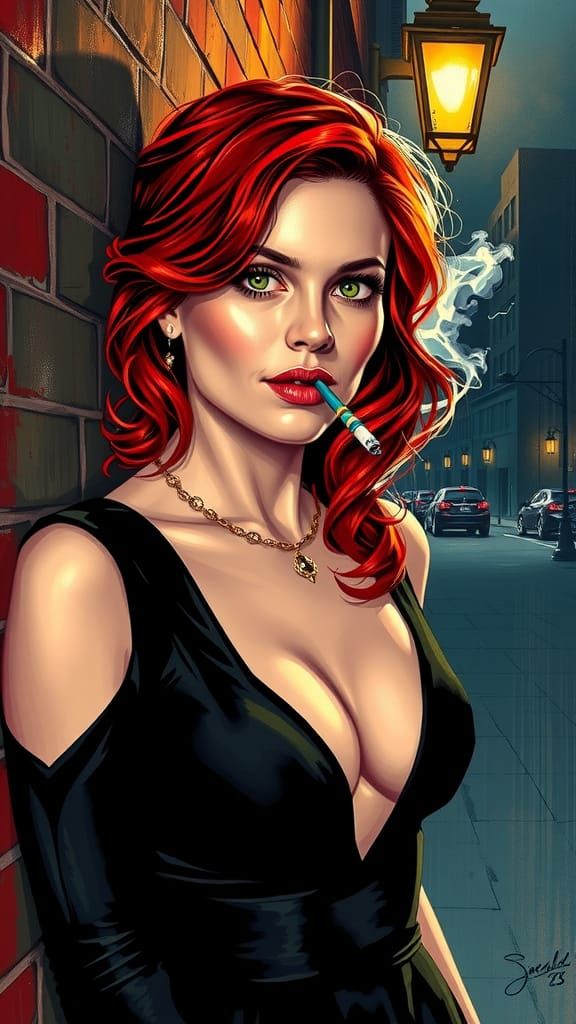 Scarlett Johansson Gouache Painting with Auburn Hair