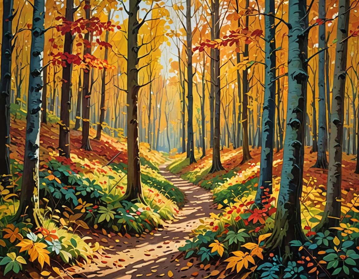 Autumn Forest in Impasto Gouache Style
