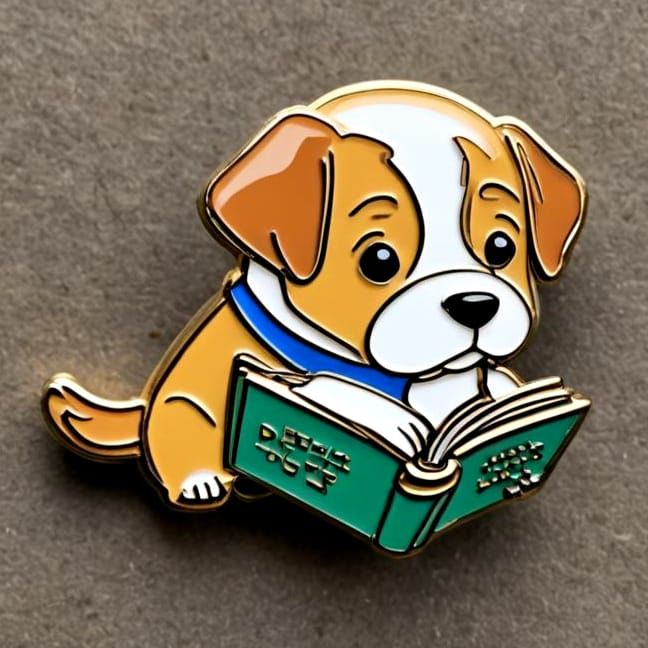 Dog Reading Book: Enamel Pin Close-Up