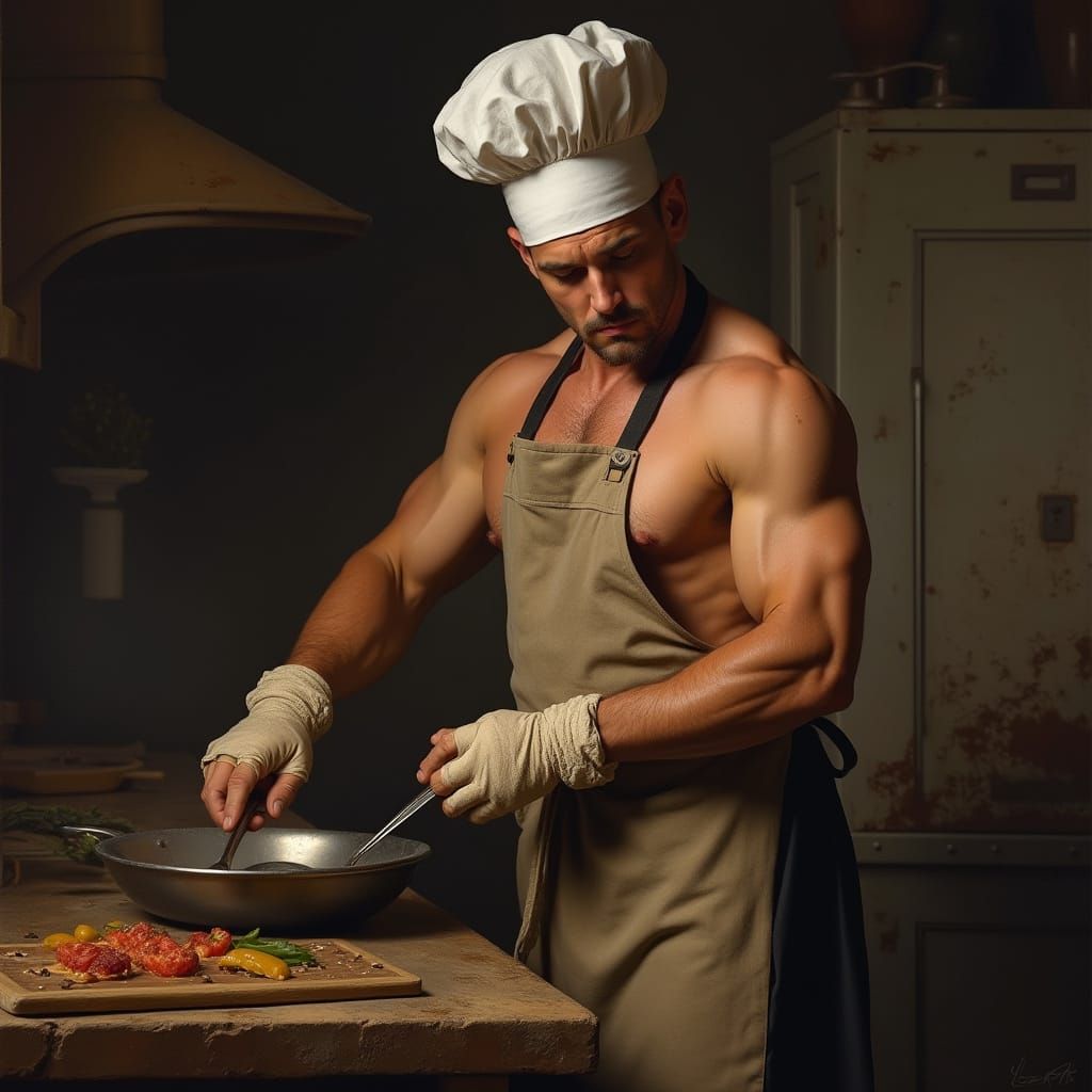 Heroic Chef Cooking with Dramatic Lighting
