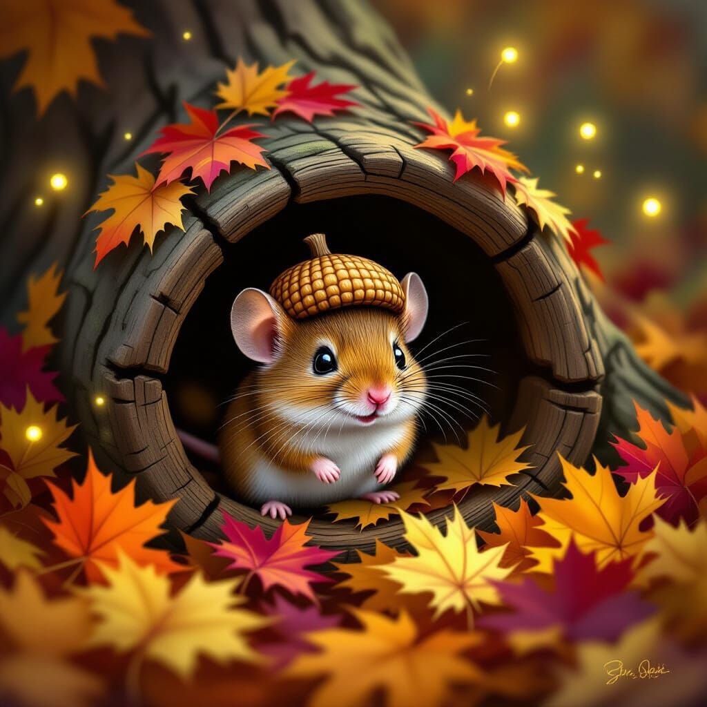 Magical Field Mouse in Acorn Cap Amidst Autumn Leaves