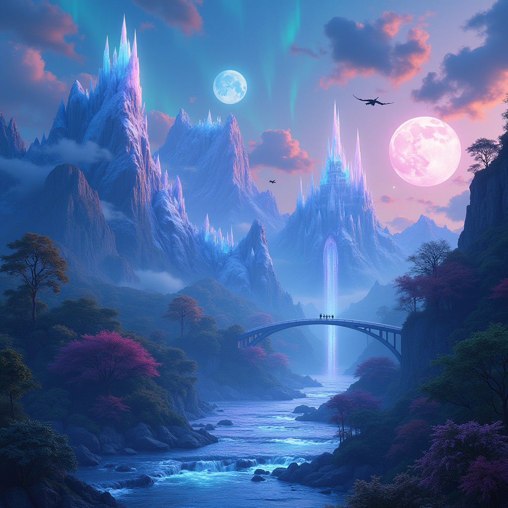 Crystal Mountains and Floating Castle in Fantasy World