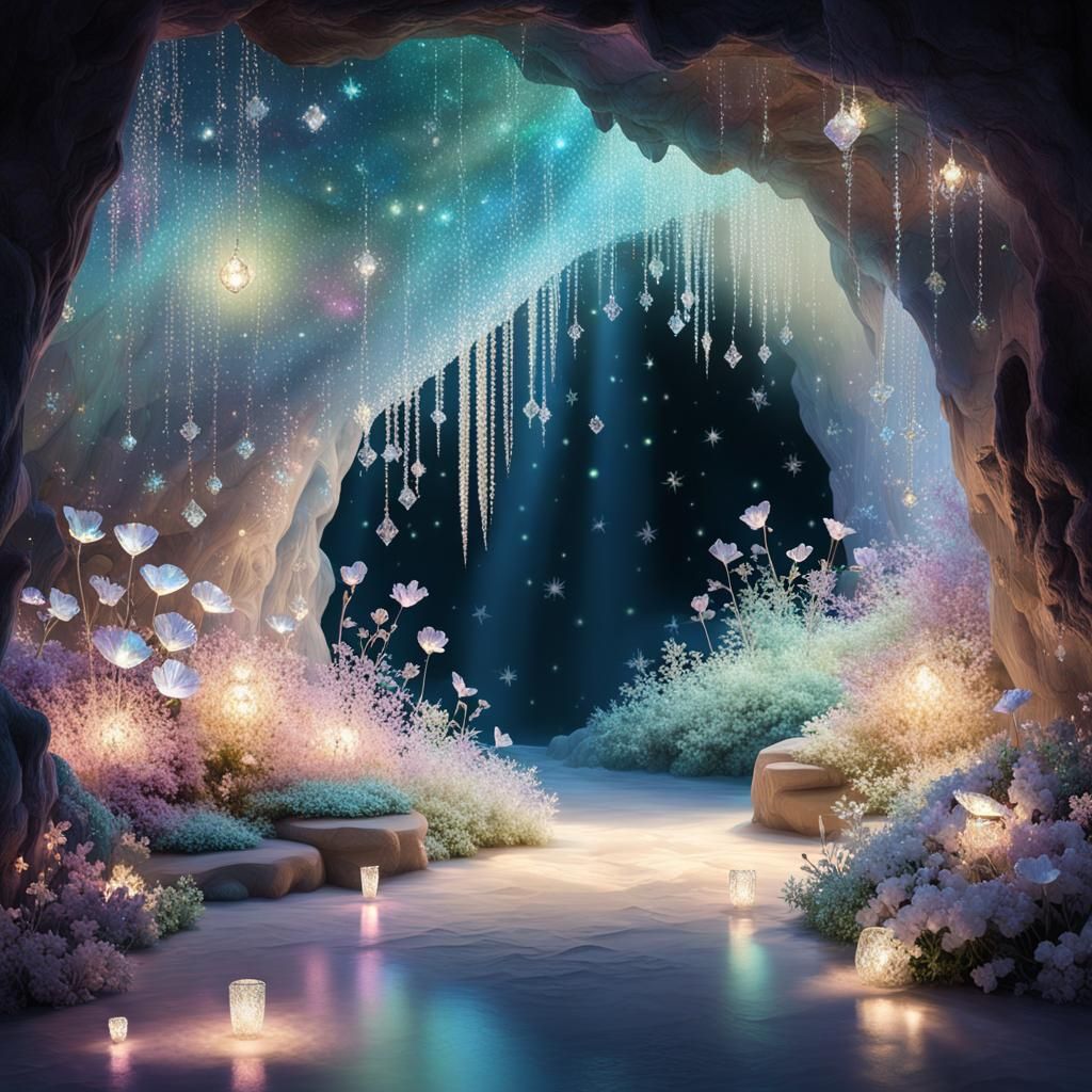 Iridescent Crystal Cave with Shimmering Flowers