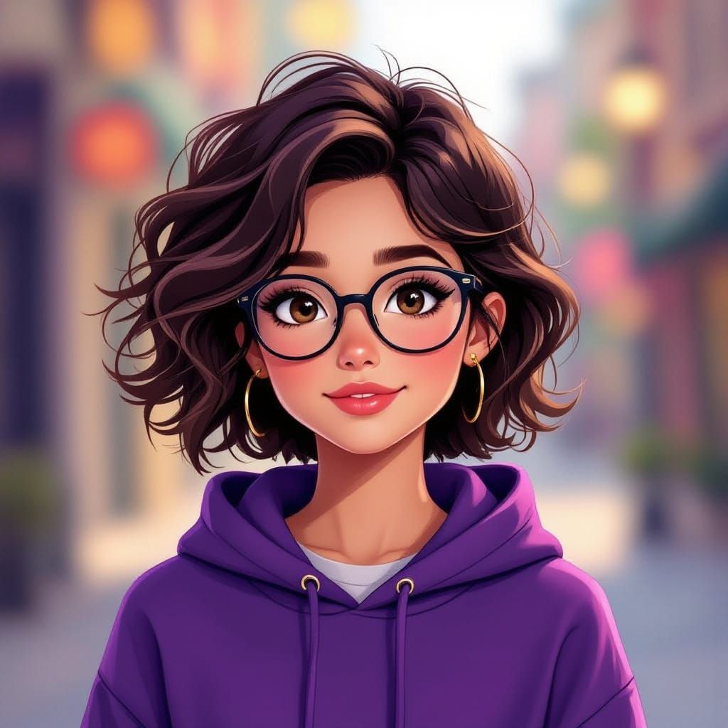 Teenage Girl with Curly Brown Hair and Purple Hoodie