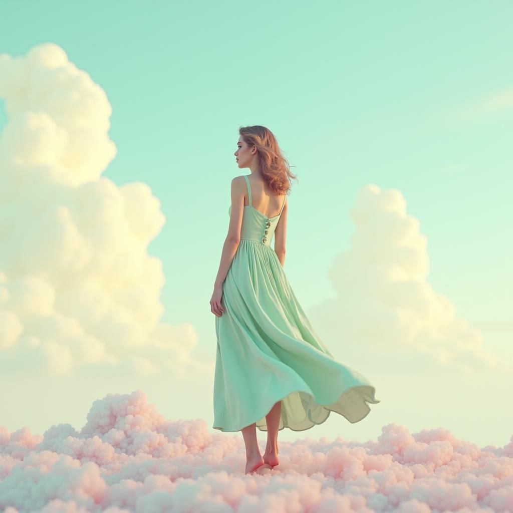 Dreamy 90s Landscape with Woman in Pastel Colors