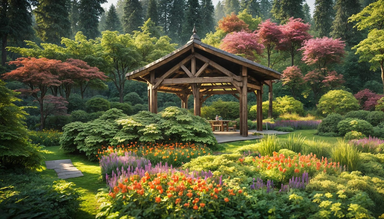 Three Wooden Gazebos in a Lush Park Landscape