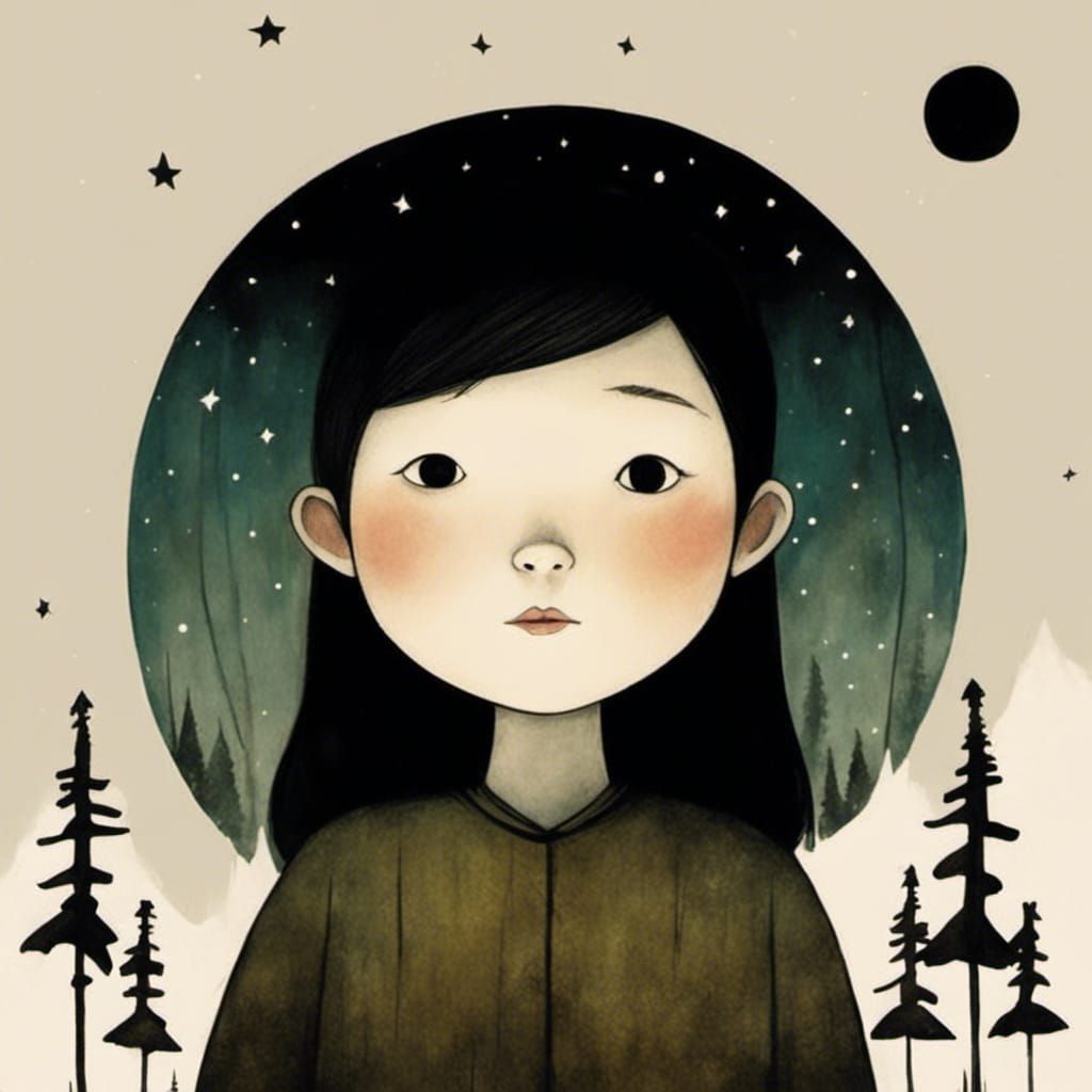 Girl in Starry Forest, Art Brut Style