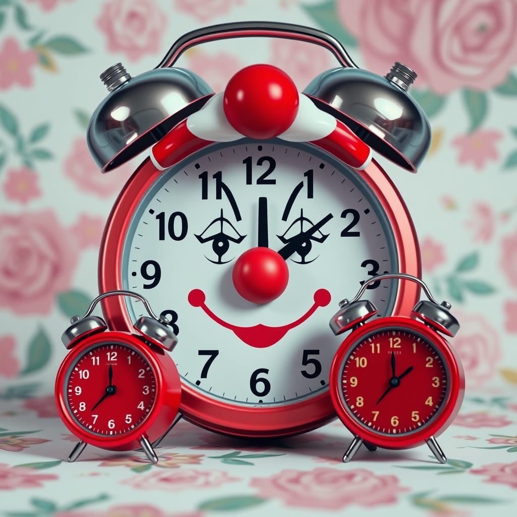 Hyperrealistic Clown Face Alarm Clock with Floral Background
