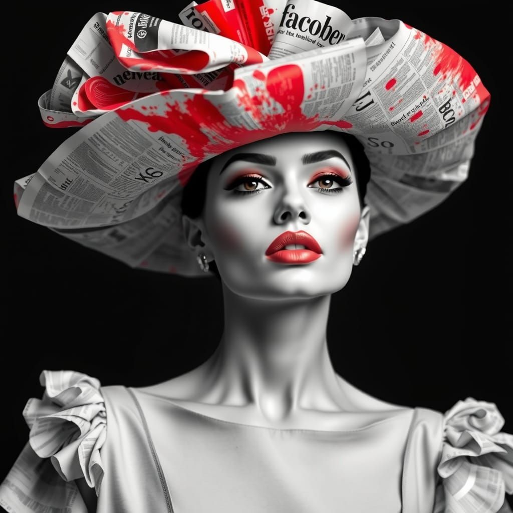 Elegant Model in Newspaper Hat with Red Splash