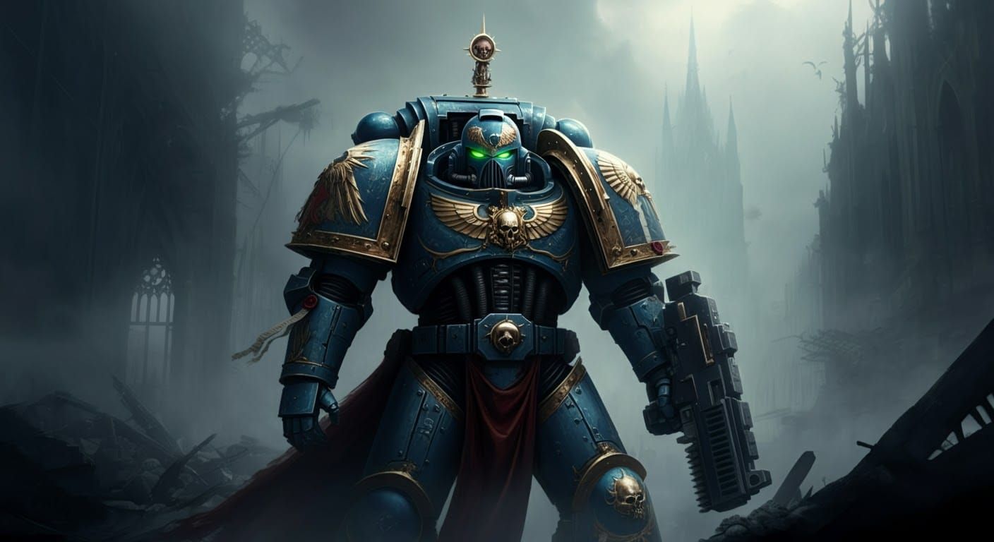 Space Marine in Gothic Cityscape, Ethereal Style