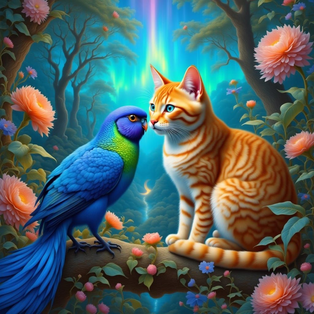 Red Cat and Blue Bird in Aurora Forest