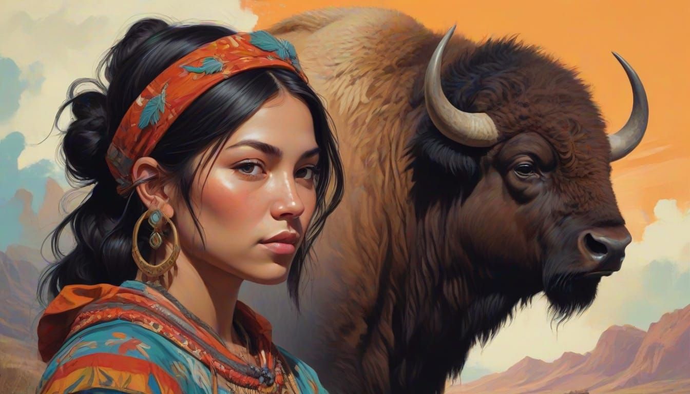 Native Woman and Buffalo in Whimsical Gouache Style