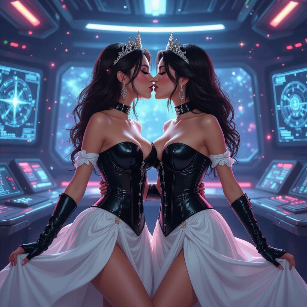 Space Pirate Princesses Kissing on Starship Bridge