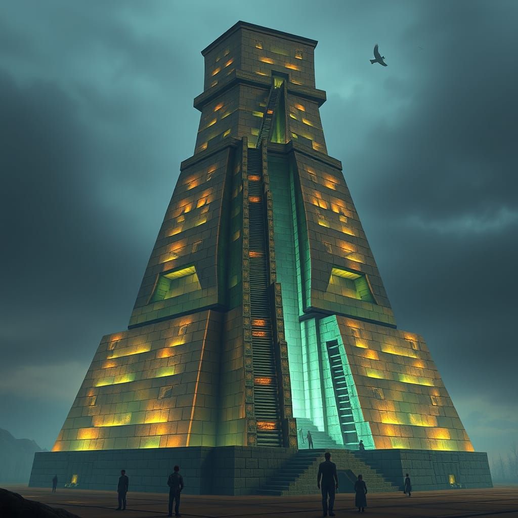 Ancient-Style Stepped Tower in a Cyberpunk Aesthetic