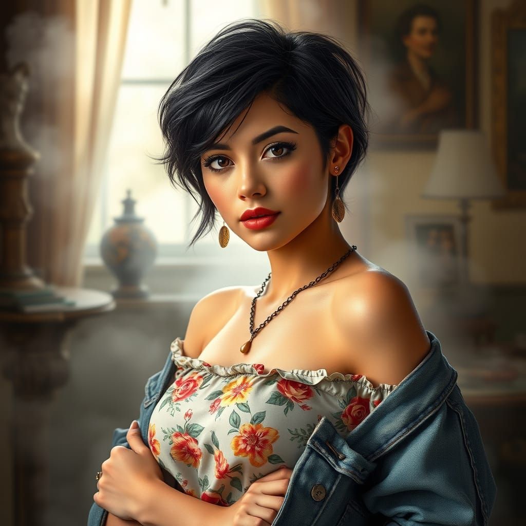 A stylish young woman with short dark hair poses elegantly in a vintage room, dressed in a floral-patterned off-shoulder...