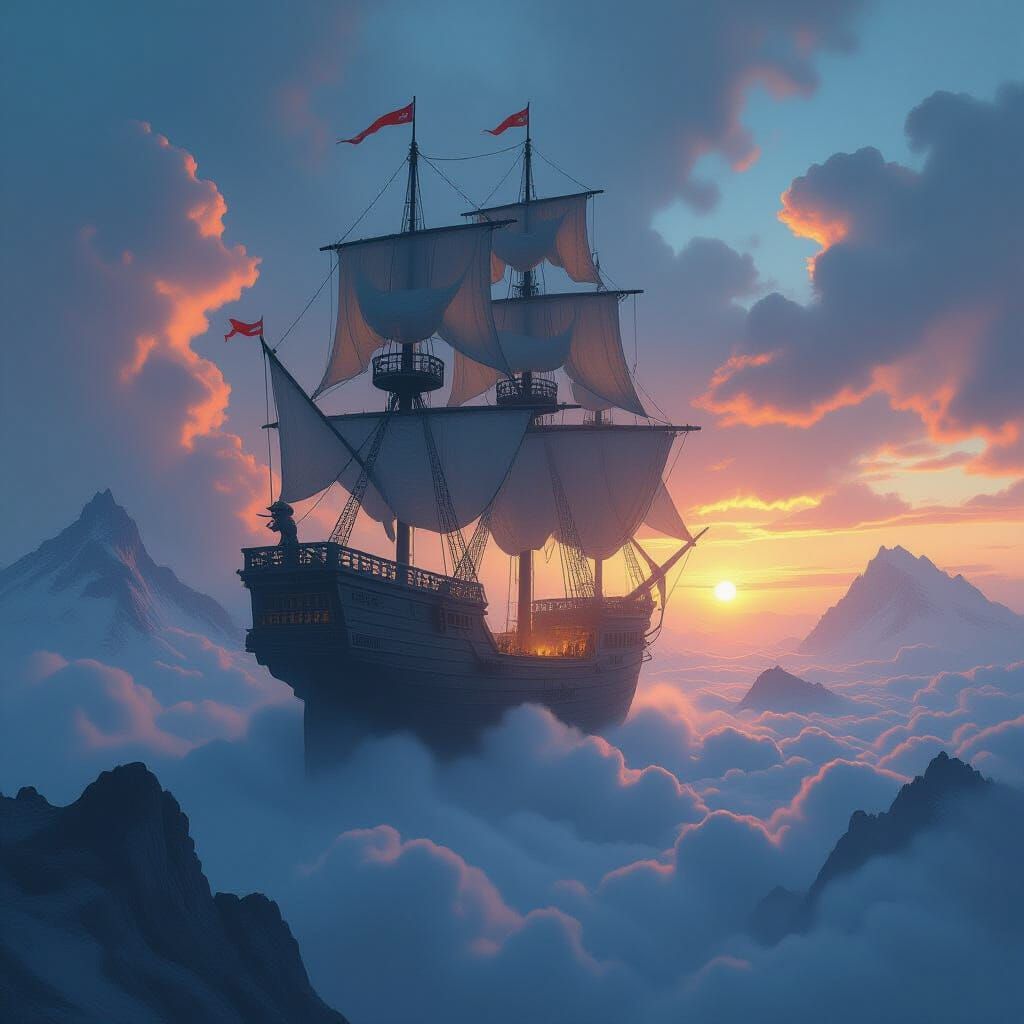 Ghostly Galleon Sails Through Cloud Sea Over Mountains