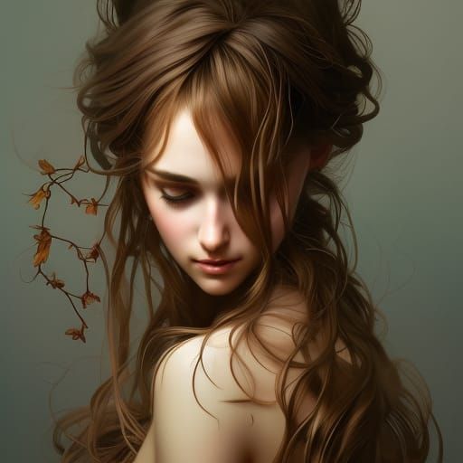 Pretty fawn human girl with vines for hair.