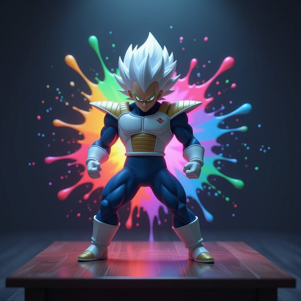 Vegeta Figurine in Dynamic Battle Pose with Vibrant Splashes