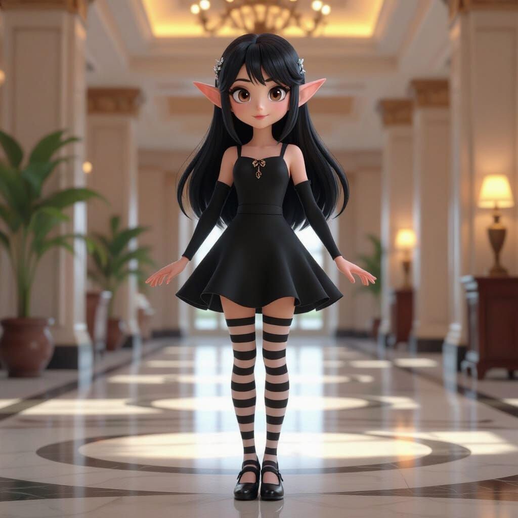 Elf Girl Mavis in Grand Hotel Lobby, 3D Anime Concept Art