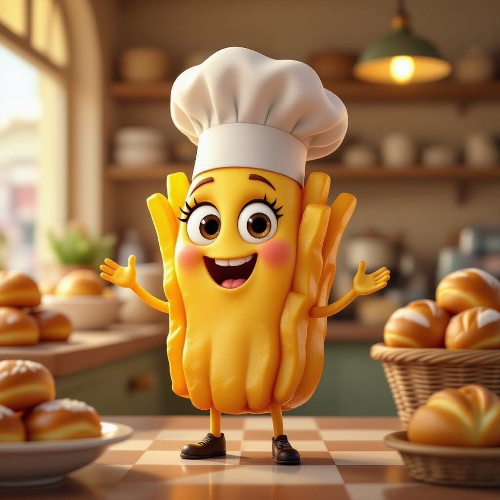 Anthropomorphic French Fry Chef in Paris Bakery