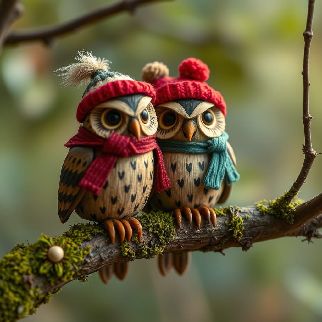 Whimsical Wooden Owls in Rustic Folk Art Style
