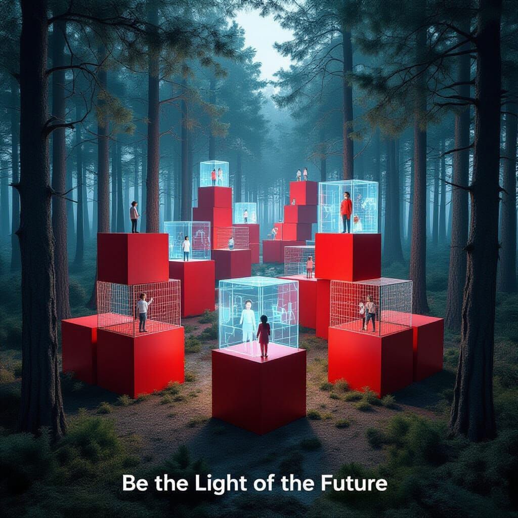 Futuristic Forest Bird's-Eye View with Red Caged Holograms