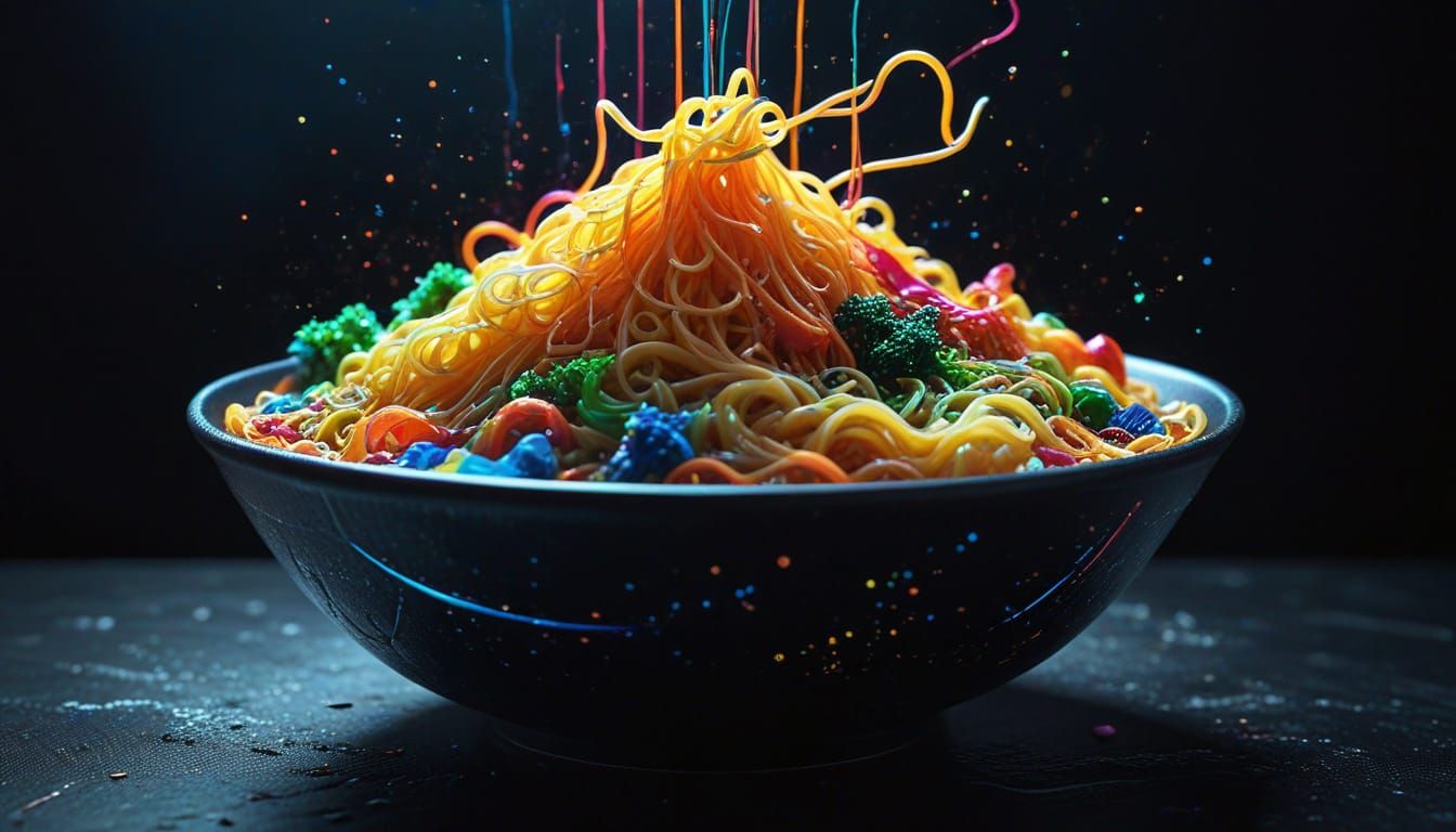 Fiber Optic Noodles in Futuristic Bowl: Hyperrealistic Art