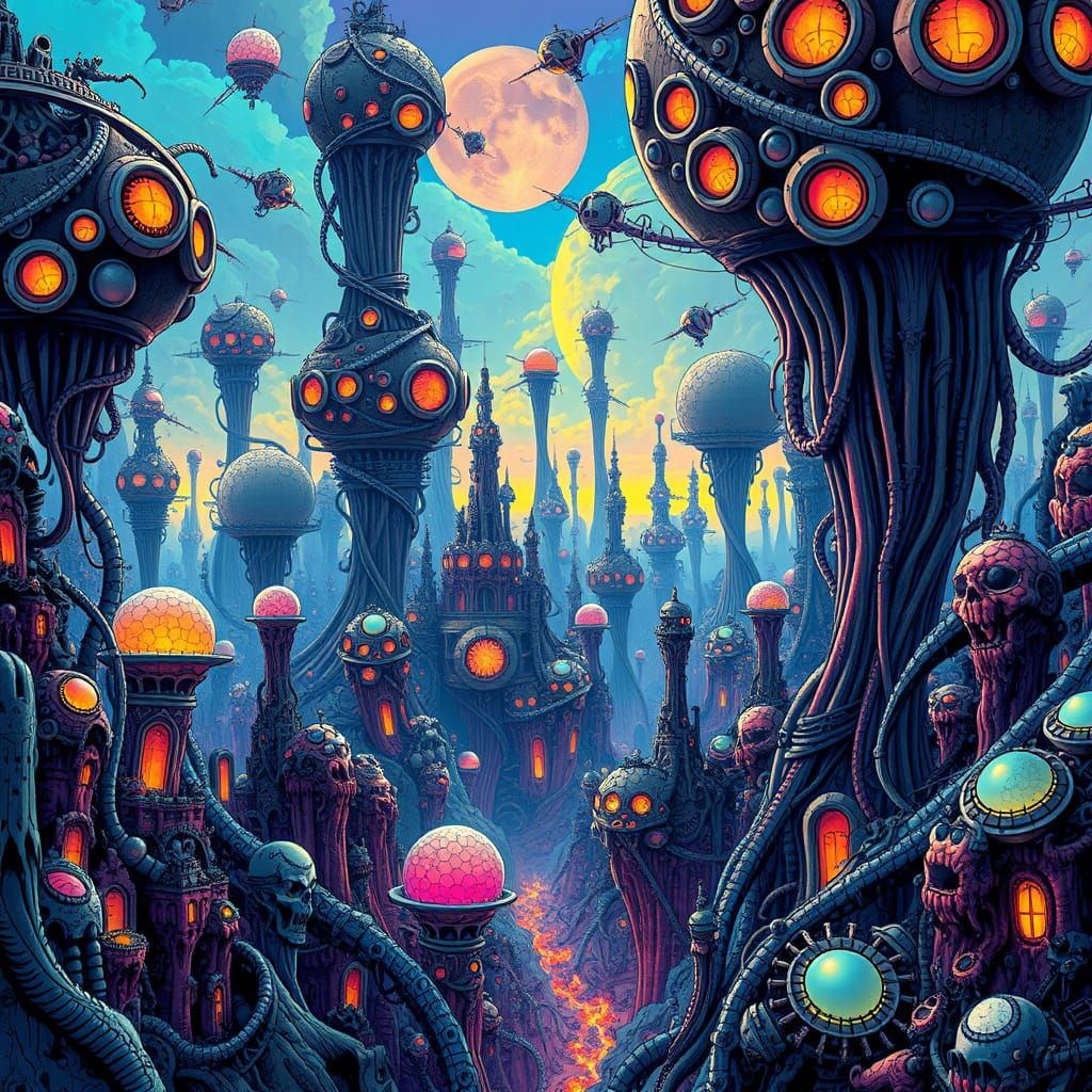 Alien Cityscape in Cel-Shaded Illustration Style