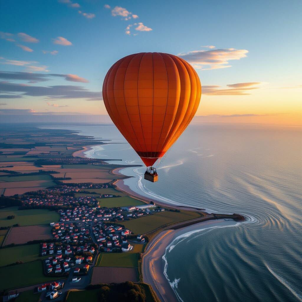 Hot Air Balloon Over Danish Coastline in Cinematic Panorama