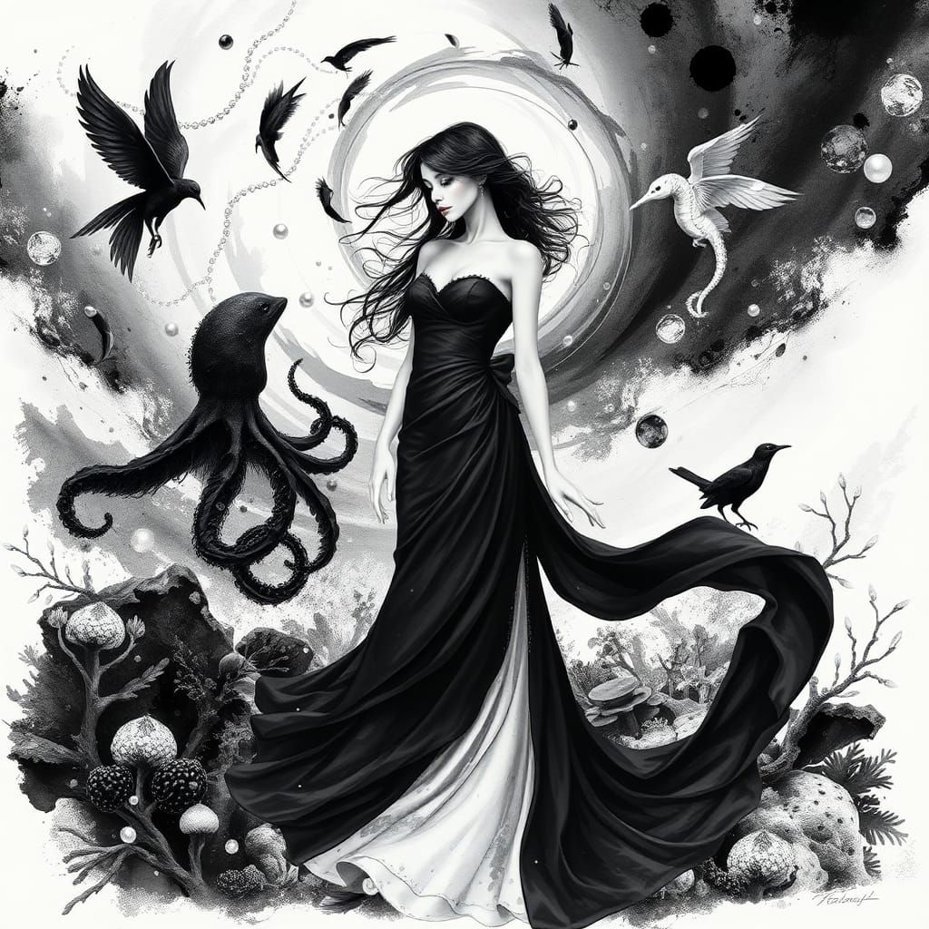 Monochromatic Surreal Dreamscape in Escher Style