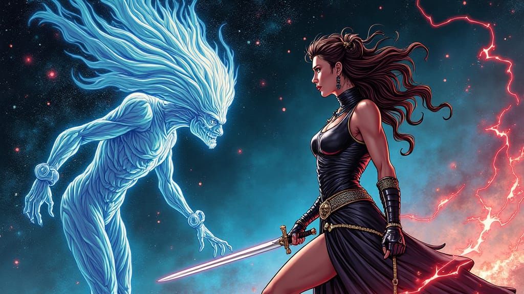 Niobe Confronts Cosmic-Trickster in Comic Book Style