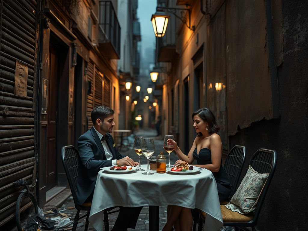Elegant Couple's Al Fresco Dining in Grimy Alley