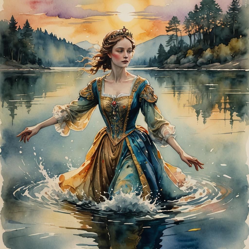 Hand Catches Excalibur: Antique Watercolor Portrait