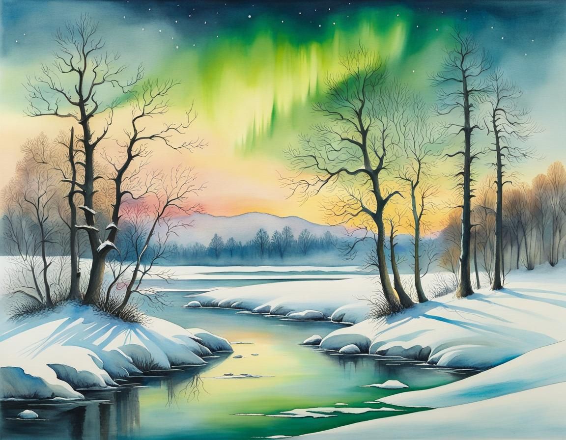 Winter Landscape with Northern Lights in Watercolor