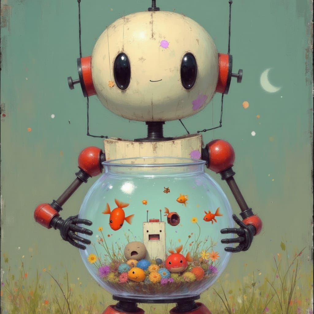 Cute Robot Holding a Fishbowl