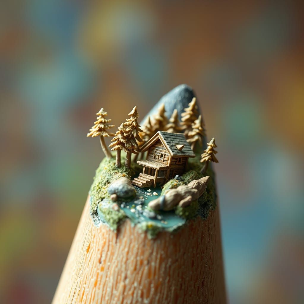 Miniature Landscape Carved Inside Pencil Tip: Hyperrealistic...
